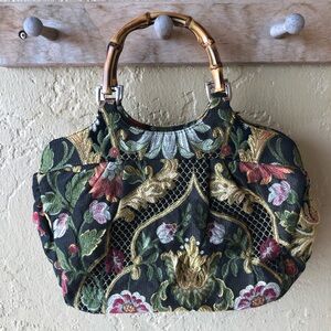 Vintage Talbots Bag Tapestry Purse Bamboo Handles Rich Colors Magnetic Closure